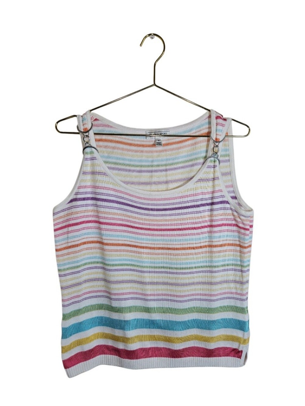 St. John Vintage Y2K Striped Multicolor Knit Top w/ Silver Metal Strap Accent M